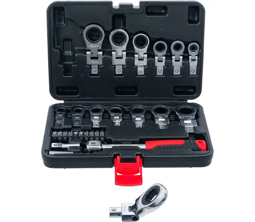 Ráčnové očkové klíče Push-Fit s kloubem a bity 6 ÷ 20 mm BGS1084529 (Sada 27 dílů)