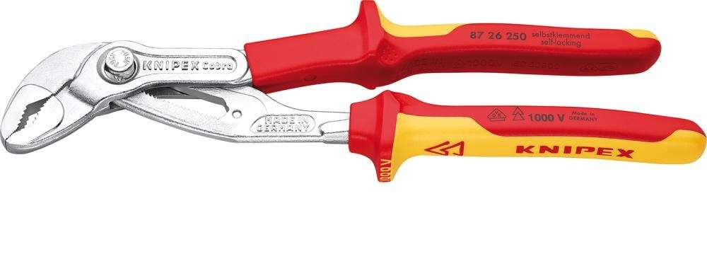 Instalatérské kleště VDE-Cobra 250 mm. KNIPEX 87 26 250 - 1000V. Chromováno, vícesložkové návleky