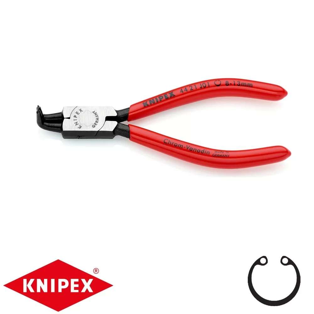 Kleště na pojistné kroužky 130 mm, vnitřní zahnuté. Knipex 44 21 J01 - DIN 5256 D. Leštěno, potažené plastem